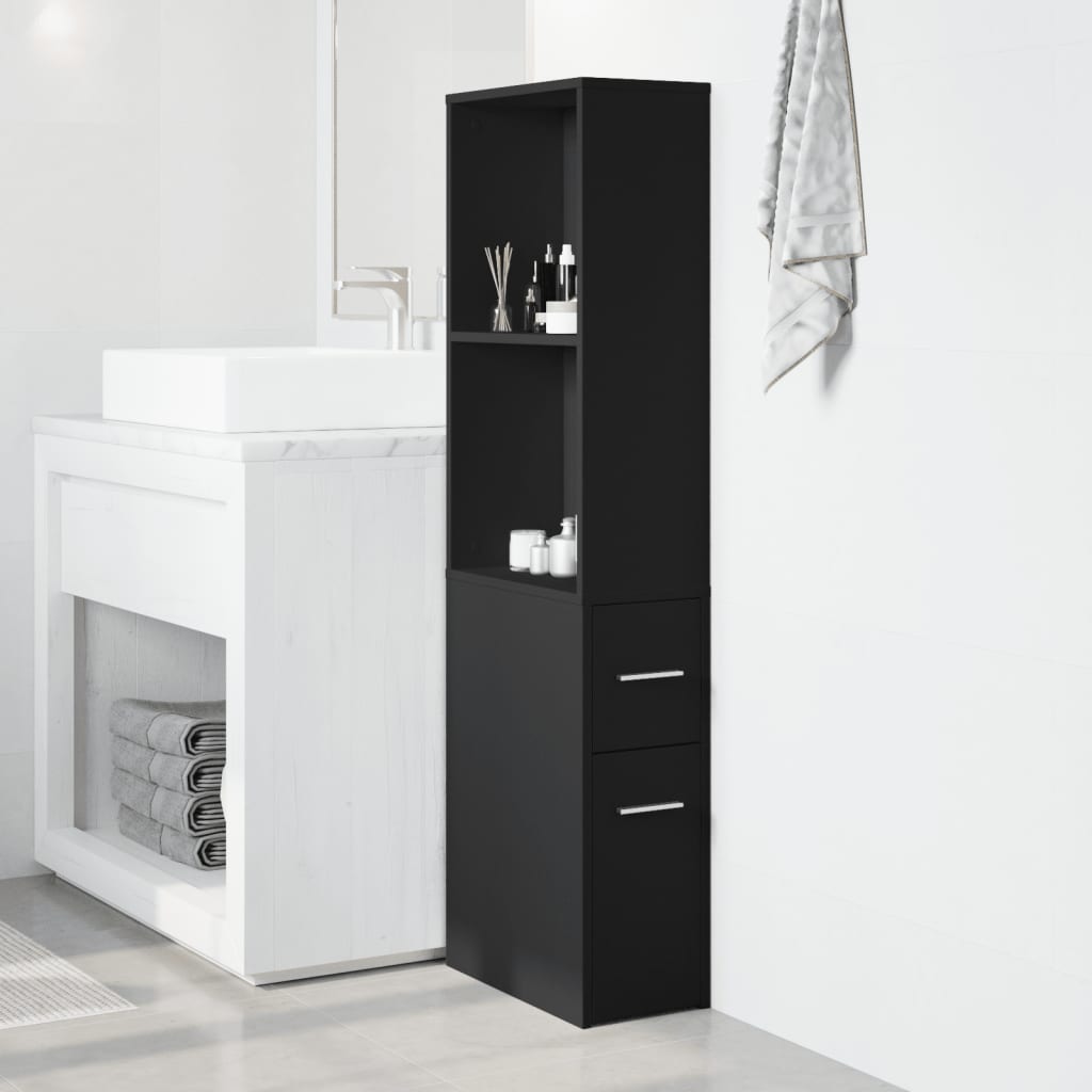 Narrow Bathroom Cupboard with Wheels Black Engineered Wood